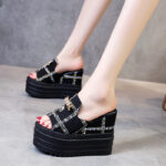 New Metal Plaid Cloth Noodles Fish Mouth Thick Bottom Slippers For Women, Balance Heel-RV592 - Image 3