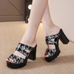 Women’s Sandals with one-piece heel, Sequined, casual, chunky heel Shoes, Box heel-RV1325