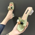 Women’s Mid-Heel Sandals, Pleated Beads, Crystal Heels Shoes, Box heel-RV1333