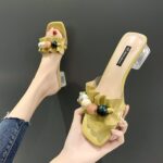 Women’s Mid-Heel Sandals, Pleated Beads, Crystal Heels Shoes, Box heel-RV1333 - Image 2