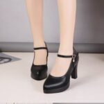 Black pointed high heels thick heel women’s work shoes, Style shoes-RV2482
