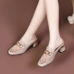 Women’s High-Heeled Slippers, Elegant Cowhide & Mesh— Sandal & Slipper-RV2514