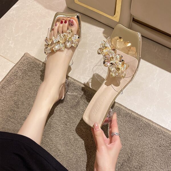 Transparent Thick High Heels Rhinestone Slippers For Women’s, Box Heel-RV1441