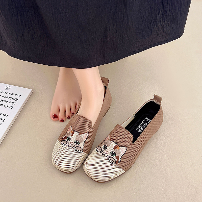 Brown Women’s summer cat-themed casual flat loafers, Canvas & Loafer-DS114 - Image 1