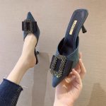Women’s Versatile Rhinestone High-heeled Slip-on Mules, Perfect for Wearing Outside, Pencil Heel-RV1376