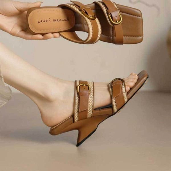 French Retro Woven Belt Buckle Open Toe Wedge Sandals for Women, Box Heel-RV1424