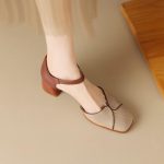 Simple Retro Closed-Toe Hollow Chunky Heel Ankle Strap Women’s Sandals, Box Heel-RV1426 - Image 2