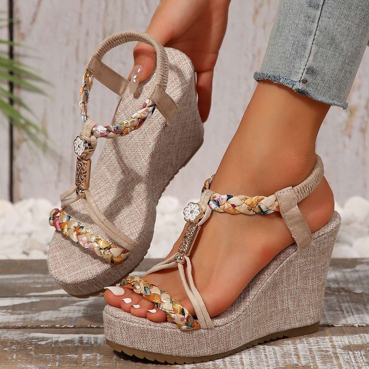 Beige Women's platform woven hemp rope, bohemian style high heels, Balanced Heel – RV709 - Image 1