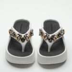 Women's white wedge heel flip-flops with rhinestones, Balanced Heel – RV730