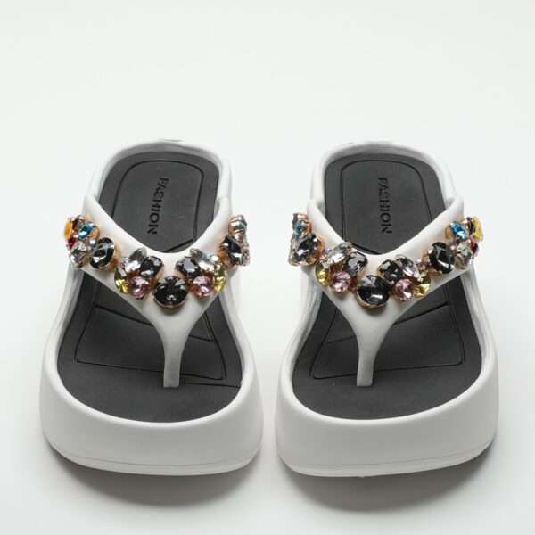 Women's white wedge heel flip-flops with rhinestones, Balanced Heel – RV730