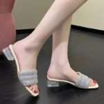 Korean Style Square Toe Open Toe One-Strap Sandals For Women, Box Heel – RV1512