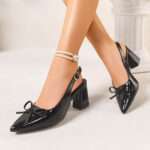 French patent leather pointed-toe high heels, open back strap sandals, Box Heel – RV1528 - Image 3