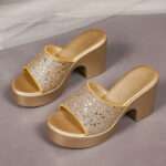 Sequined One-Strap Peep Toe Outdoor Slippers Women’s, Box Heel – RV1533