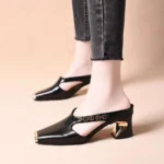 Metal toe summer new style square toe half slippers for women, Box Heel – RV1489 - Image 2