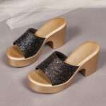 Sequined One-Strap Peep Toe Outdoor Slippers Women’s, Box Heel – RV1533 - Image 3