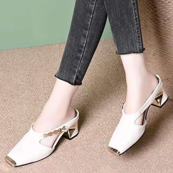 Metal toe summer new style square toe half slippers for women, Box Heel – RV1489