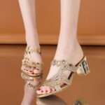 Women’s Fashionable Chunky Heel Rhinestone Hollow Out Casual Sandals, Box Heel – RV1474 - Image 3