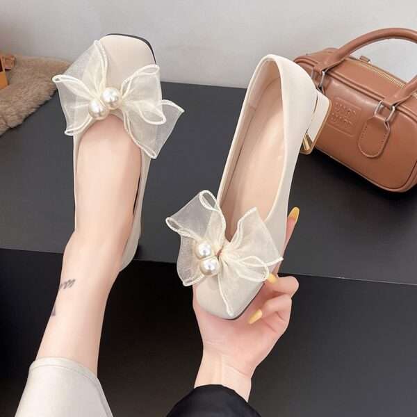 French-style pearl and floral chunky heeled flats for women, Style Shoes – RV2588