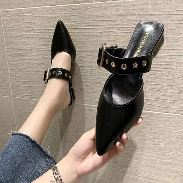 Women’s Korean style pointed toe chunky heel closed toe slippers, Box Heel – RV1475